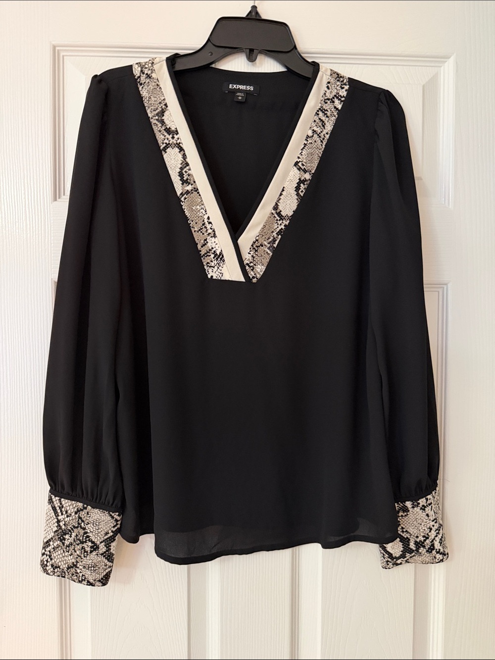 Express Black V-Neck Blouse with Snakeskin Trim